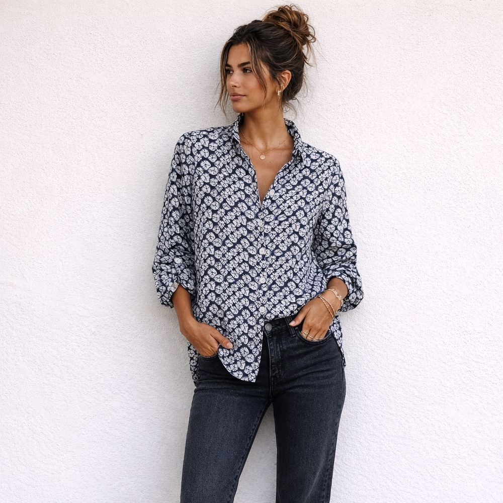 John + Mark Blue and White Button Down Linen Shirt, Japanese Shibori Pattern